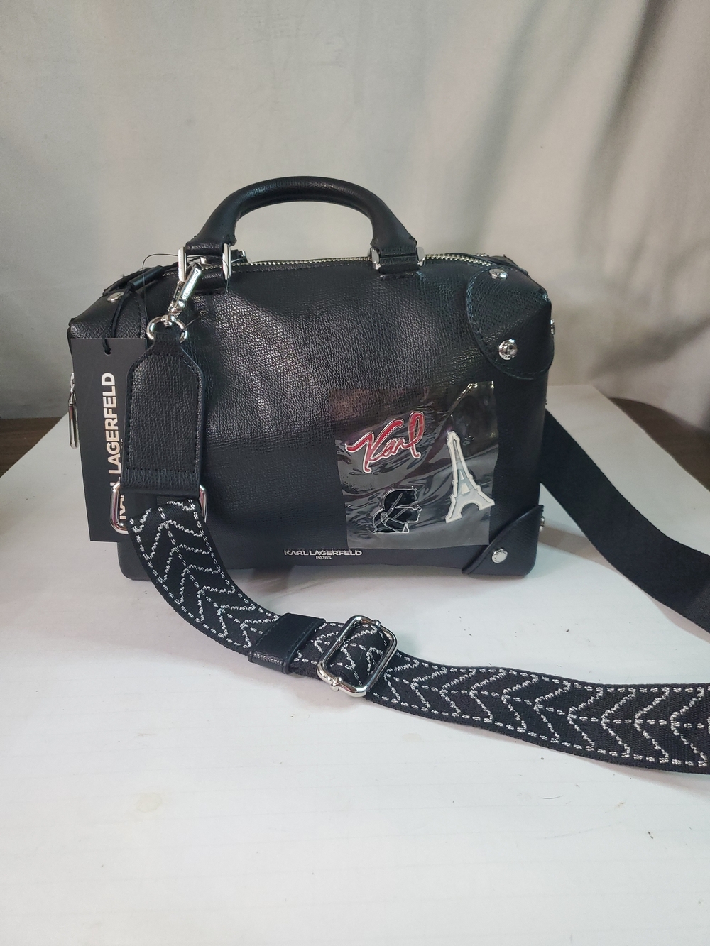 Karl Lagerfeld Black Pebbled Faux Leather Messenger Embellished